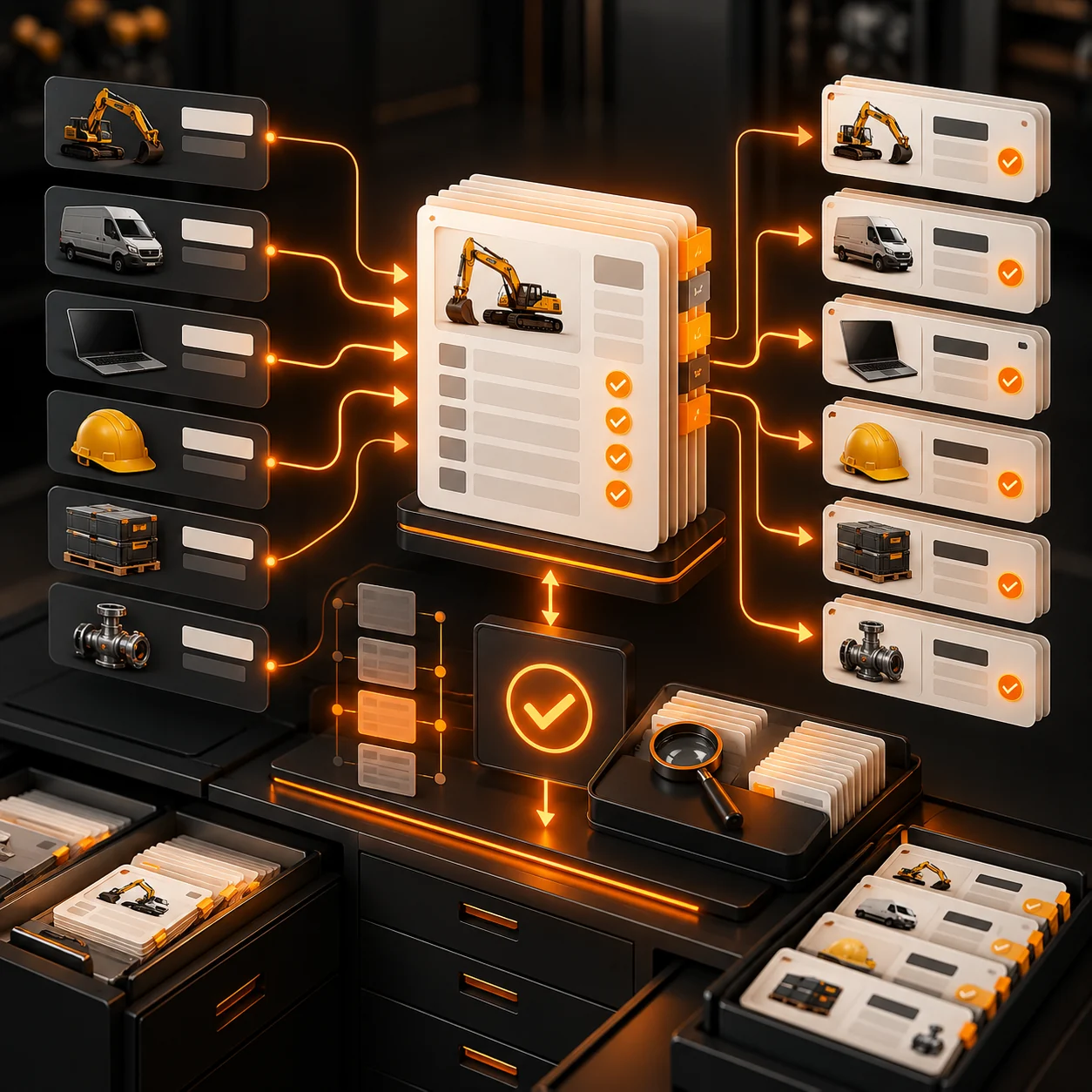 Abstract asset record update workspace with equipment cards, an organized ledger, orange reconciliation paths, and a human verification checkpoint