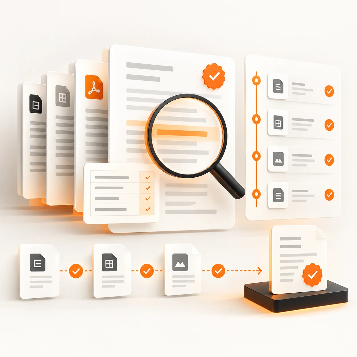 Abstract audit evidence collection workflow with control cards, document sources, verification seals, and a traceable review path