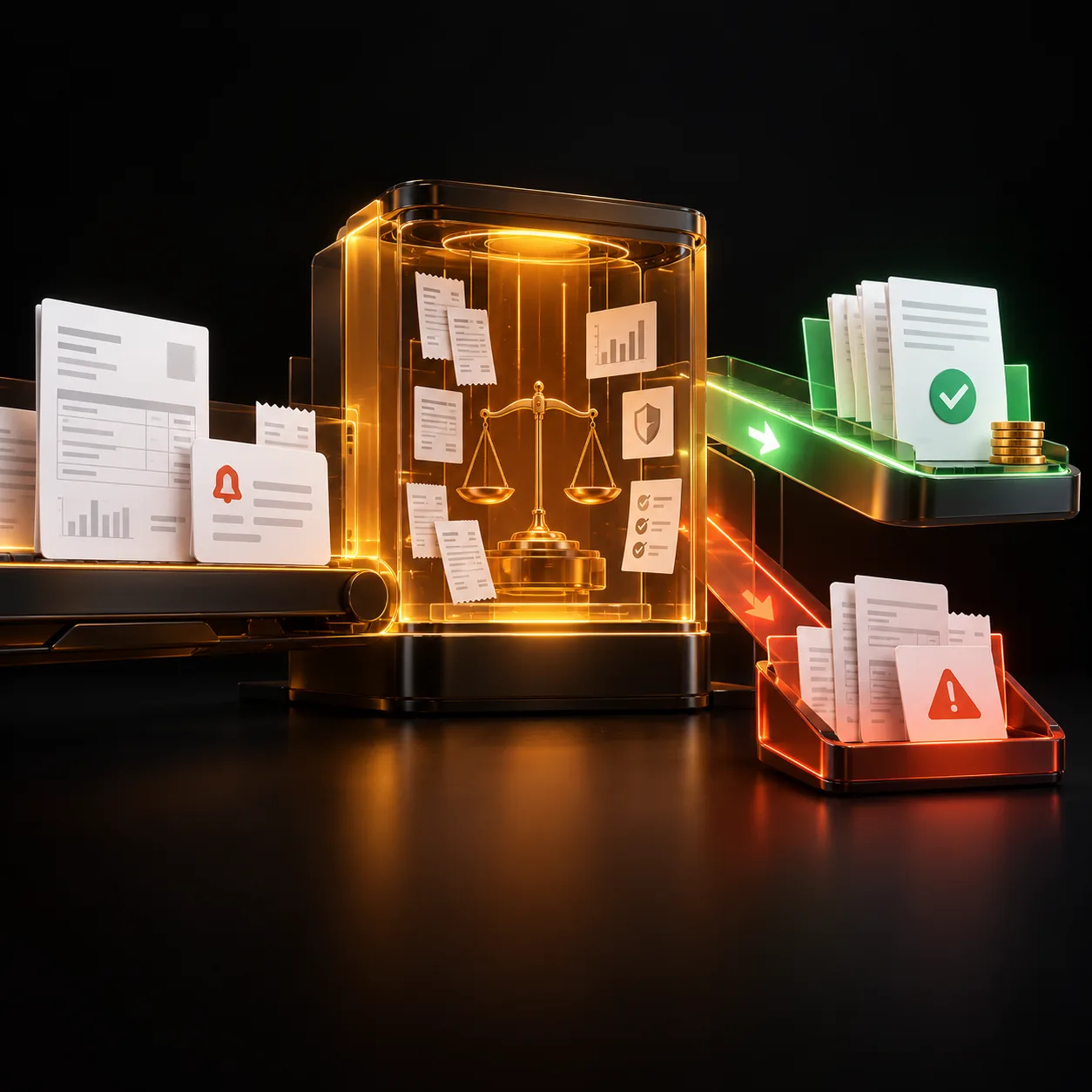 Abstract billing dispute workflow reviewing invoice evidence and routing resolved or escalated cases