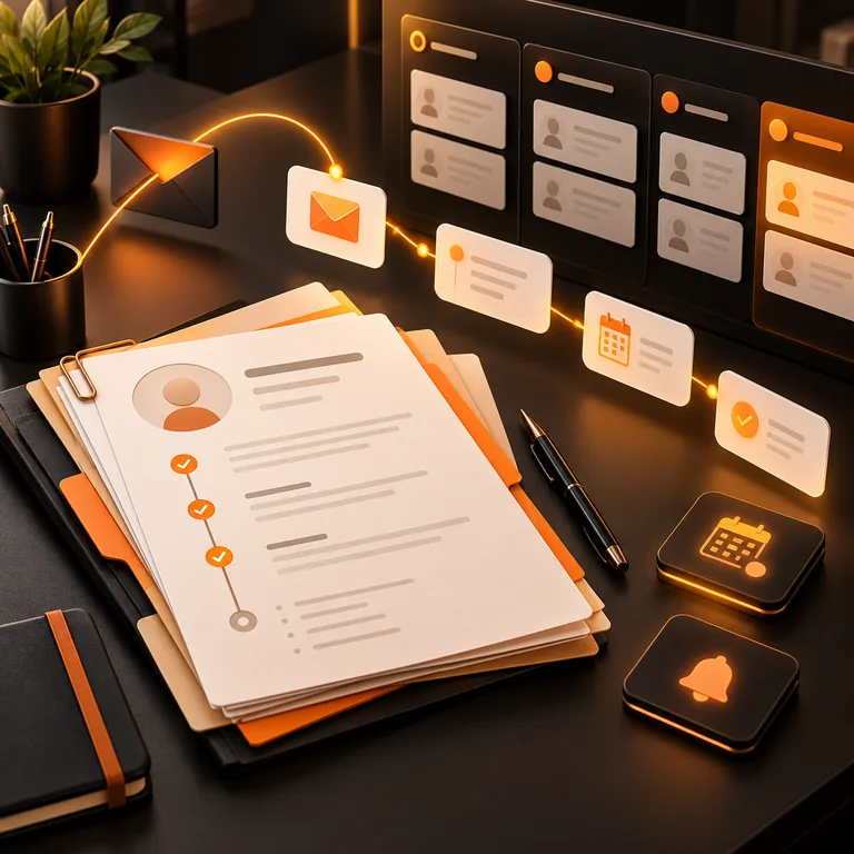 Candidate dossier, interview timeline, and communication reminders linked by amber follow-up paths