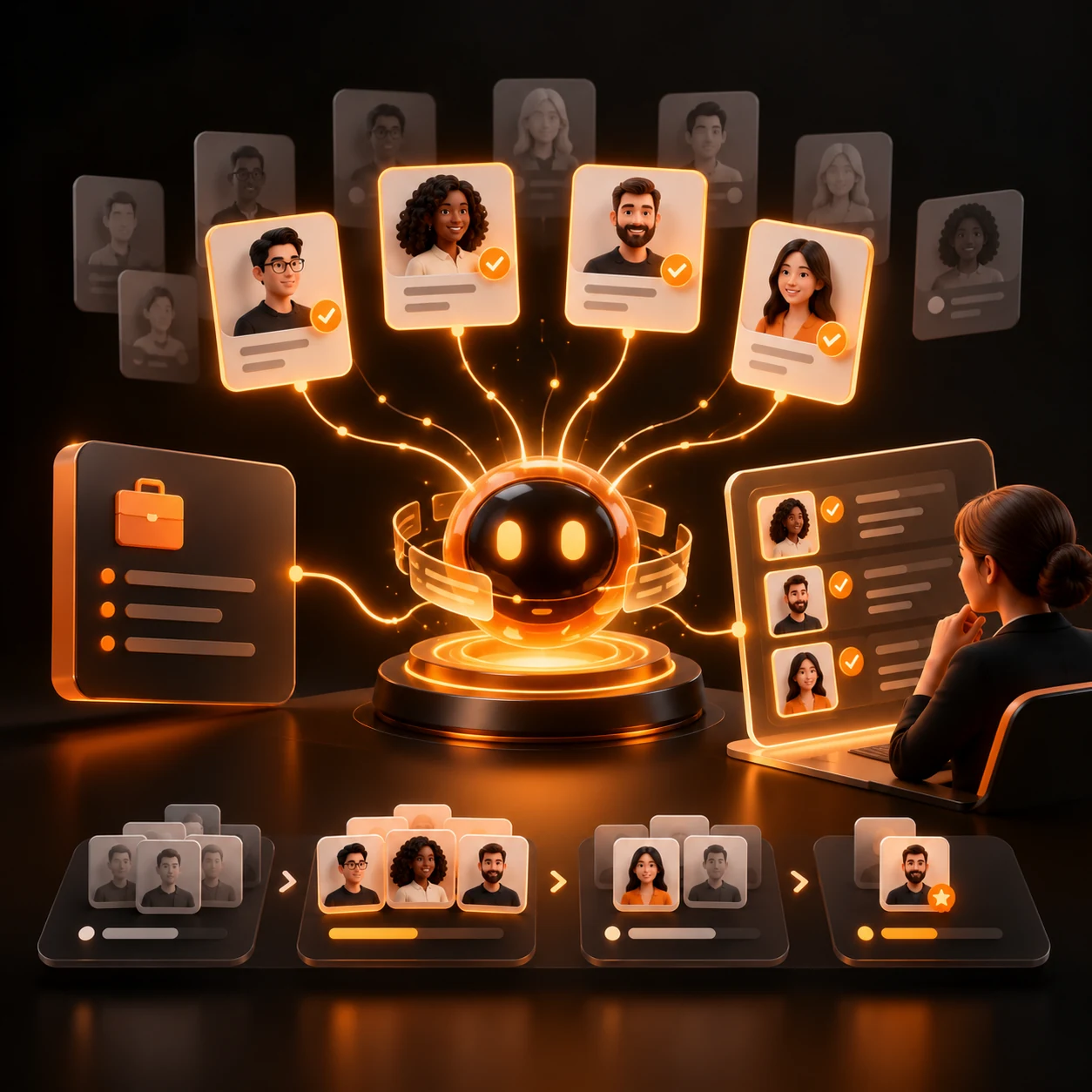 Orange AI talent sourcing hub connecting candidate profile cards to an approved role brief with recruiter review