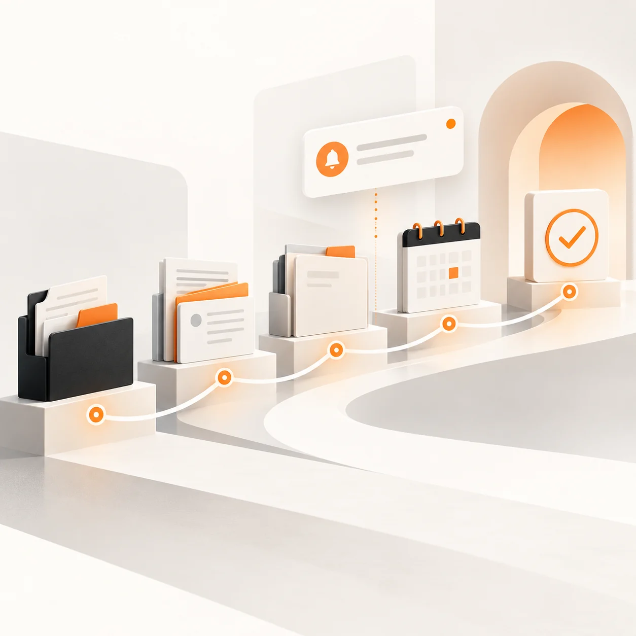 Abstract case status timeline with document folders, milestone markers, secure notifications, and a human review checkpoint