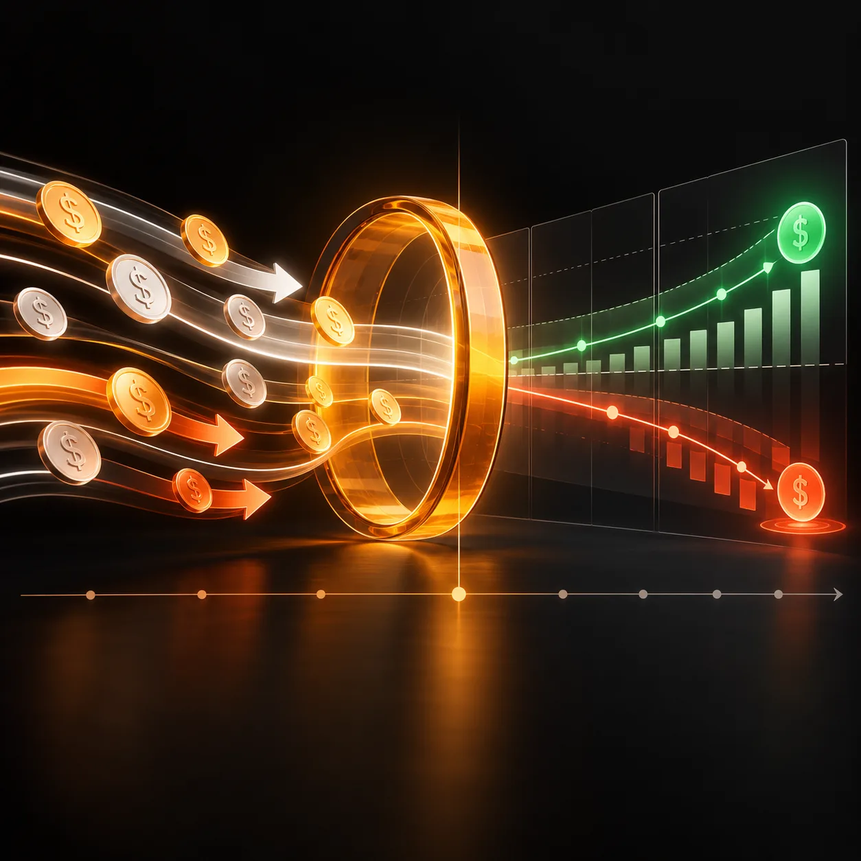 Abstract cash flow monitoring workflow tracking incoming and outgoing funds through a projection ring with runway signals