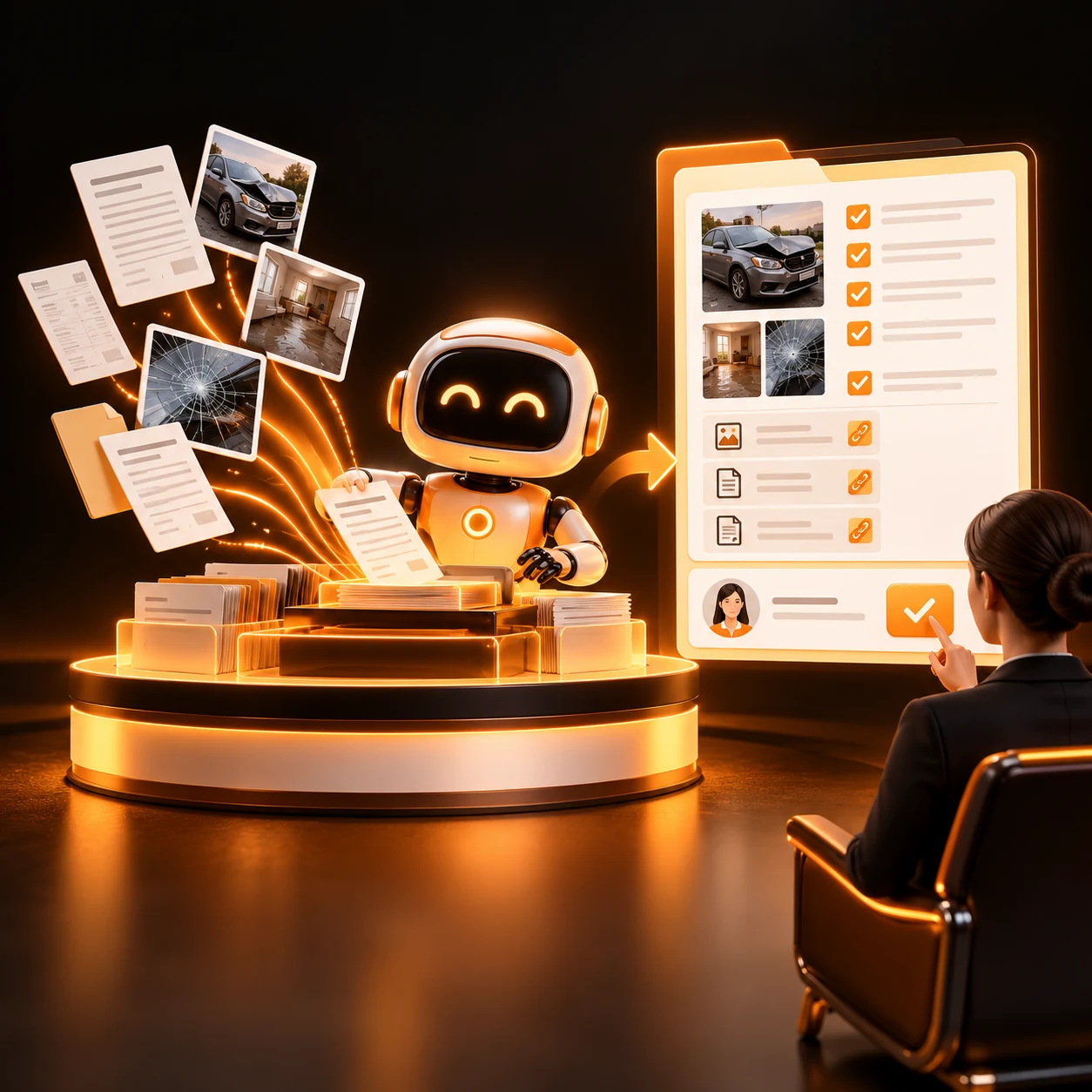 Orange AI claim intake assistant organizing forms, photos, and supporting evidence into a case file for human review