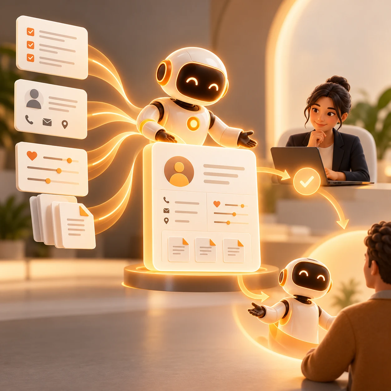 Orange AI client intake assistant organizing onboarding questions, preferences, documents, and a structured client profile for human review
