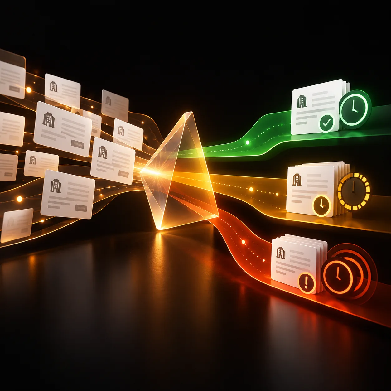 Abstract collections prioritization workflow routing receivable cards into green, amber and red urgency lanes