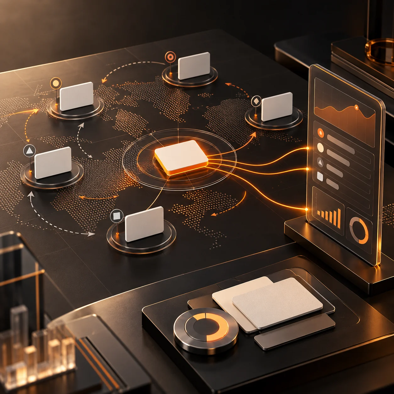 Abstract market landscape with competitor cards, movement signals, and an orange comparison dashboard