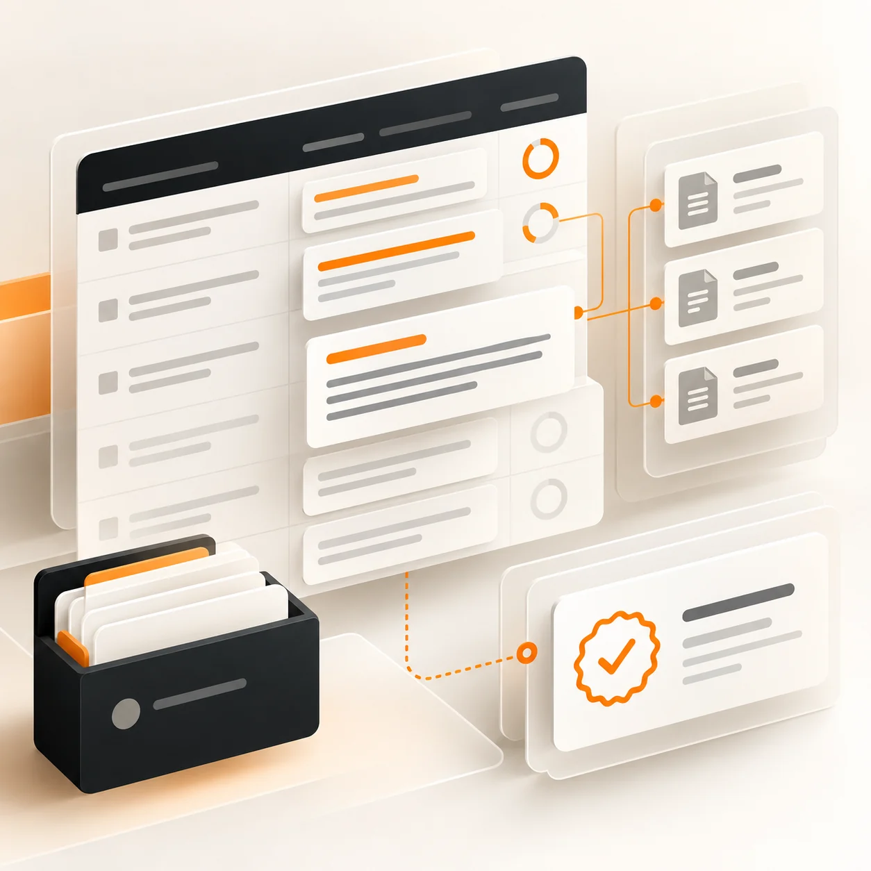Abstract compliance questionnaire workspace with response cards, linked source folders, freshness indicators, and human approval seal