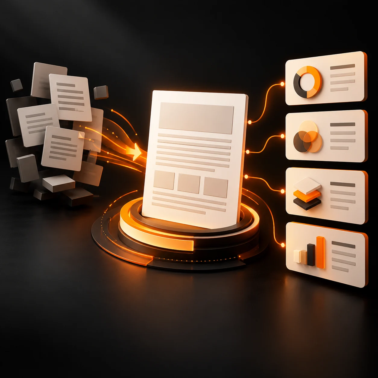 Abstract content optimization workspace with draft panels, revision flow, and orange editorial scoring modules