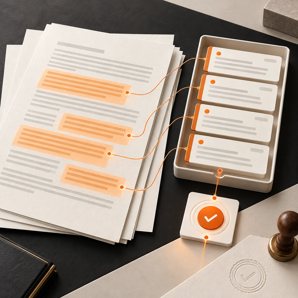 Abstract contract clause extraction workspace with highlighted document sections, structured term cards, source links, and review checkpoint