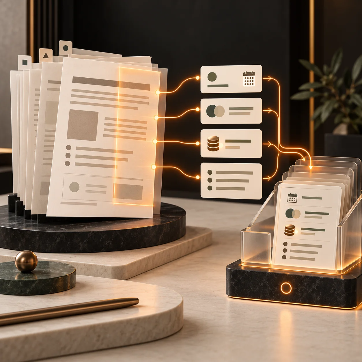 3D editorial scene showing abstract contract pages transformed into structured field cards and a source-linked record tray with Tranki orange light paths.