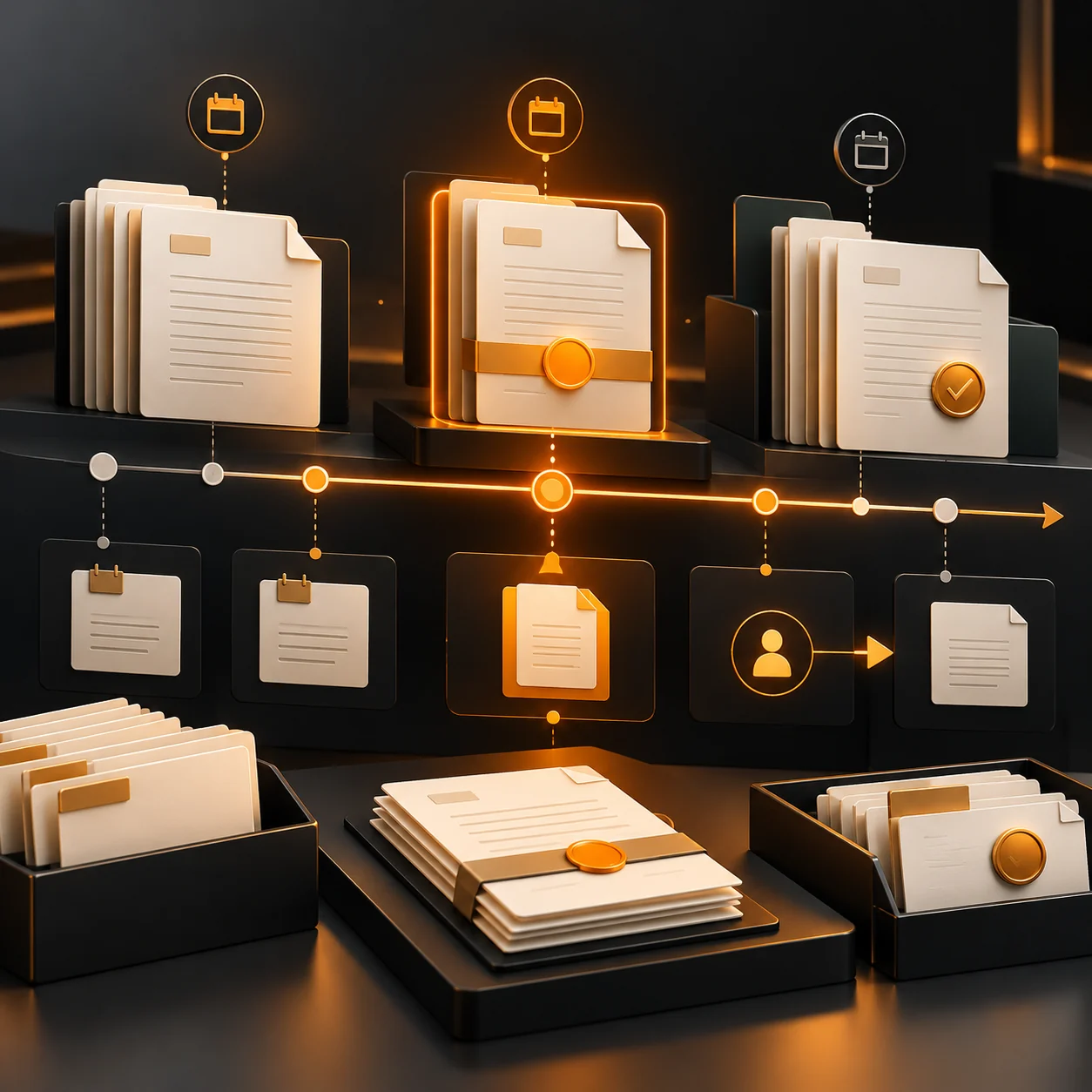 Abstract contract renewal workspace with document folders, timeline markers, orange deadline paths, and an accountable review checkpoint