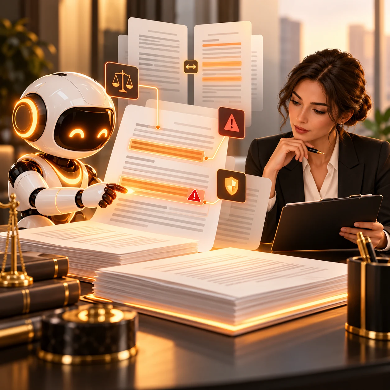 Orange AI contract review assistant highlighting clauses, comparing approved language, and preparing a legal reviewer checklist