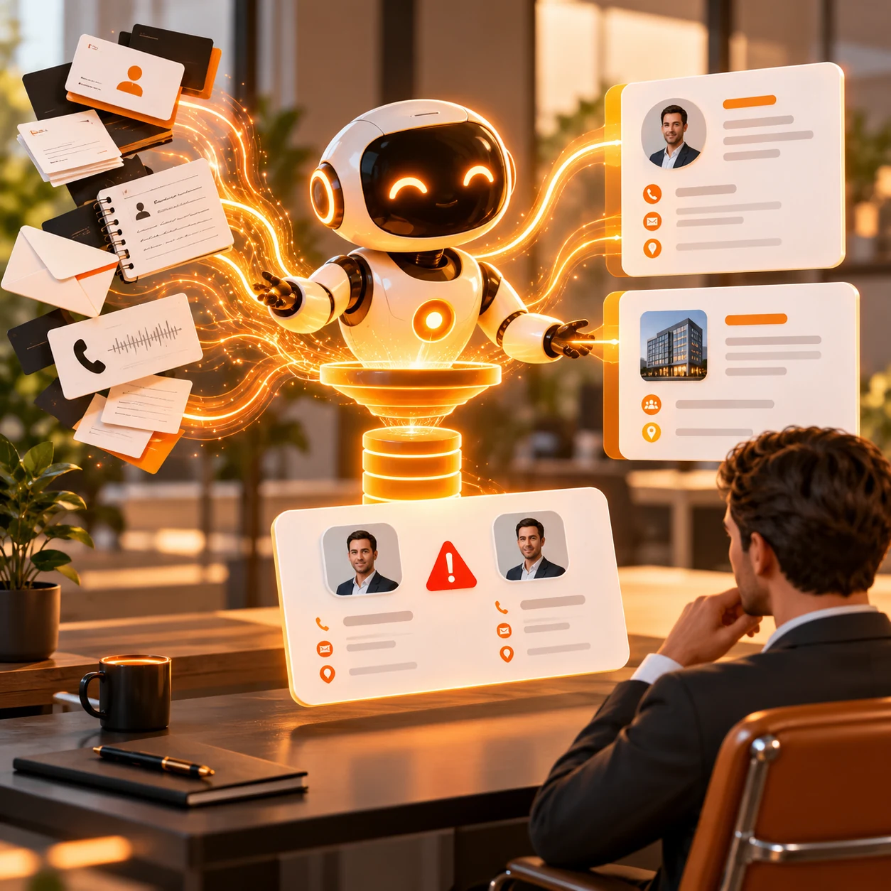 Orange AI CRM data entry assistant organizing contact notes, company records, duplicate warnings, and human-reviewed sales updates