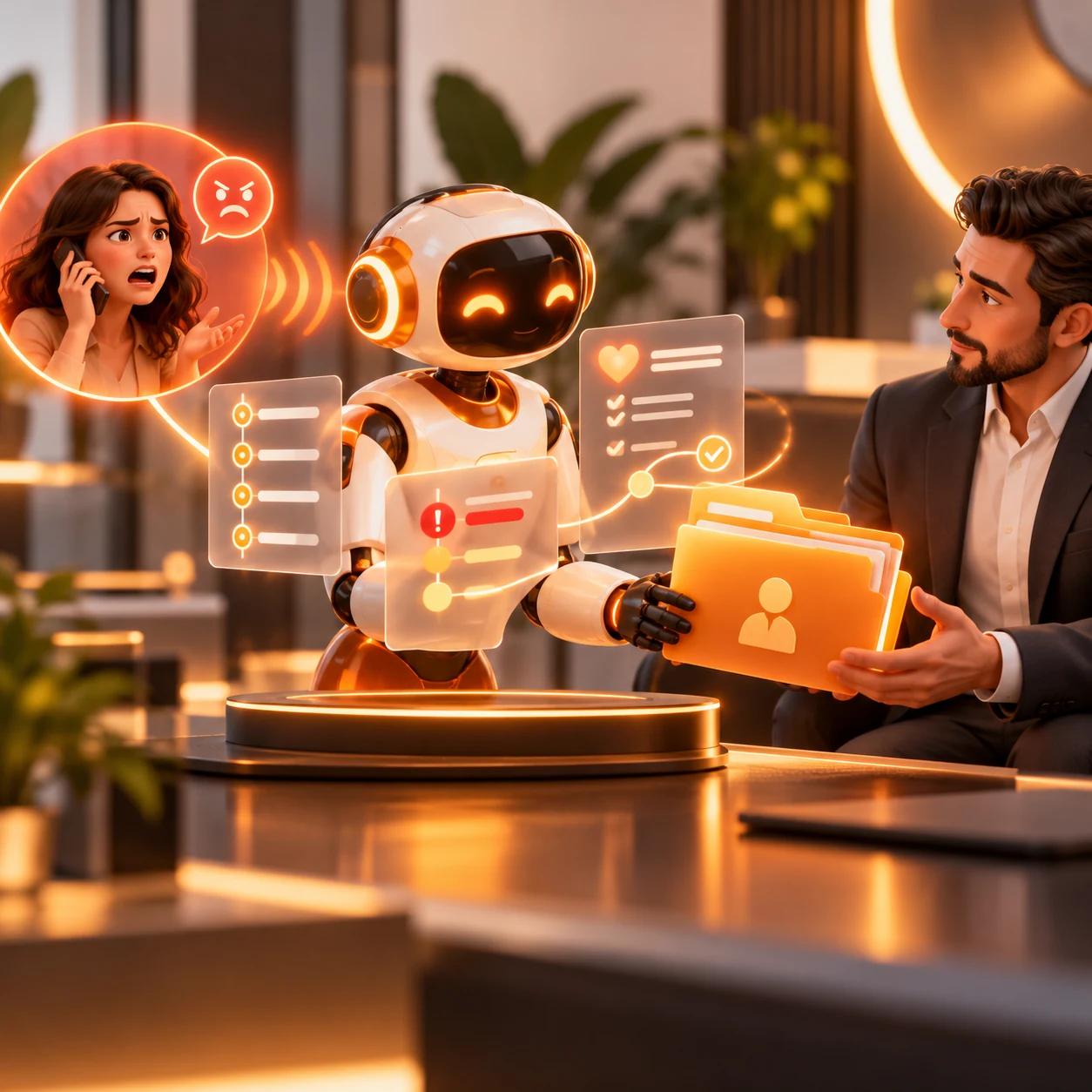 Orange AI customer complaint handling assistant organizing service issues, urgency, recovery steps, and human escalation