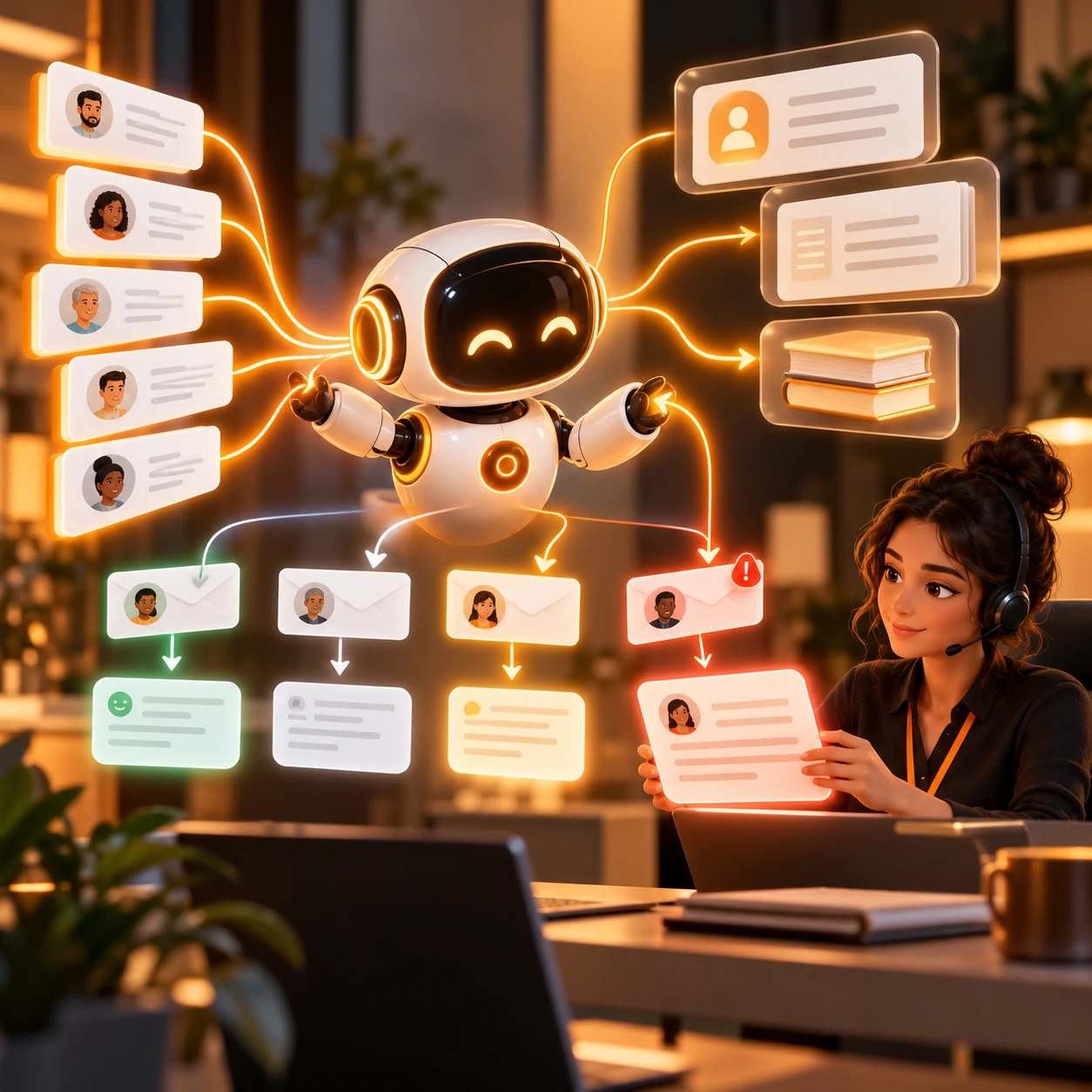 Orange AI customer email response assistant organizing inbox requests, approved guidance, drafted replies, and human escalation