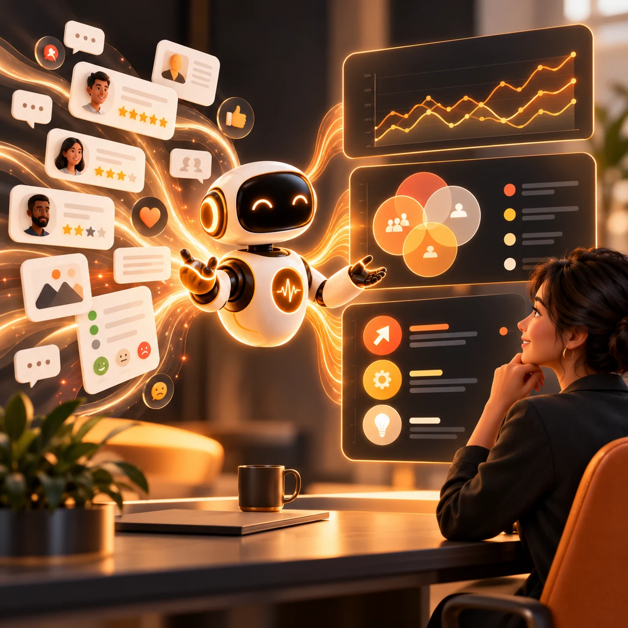 Orange AI customer feedback analysis assistant turning comments, ratings, themes, trends, and improvement priorities into a human-reviewed insight brief