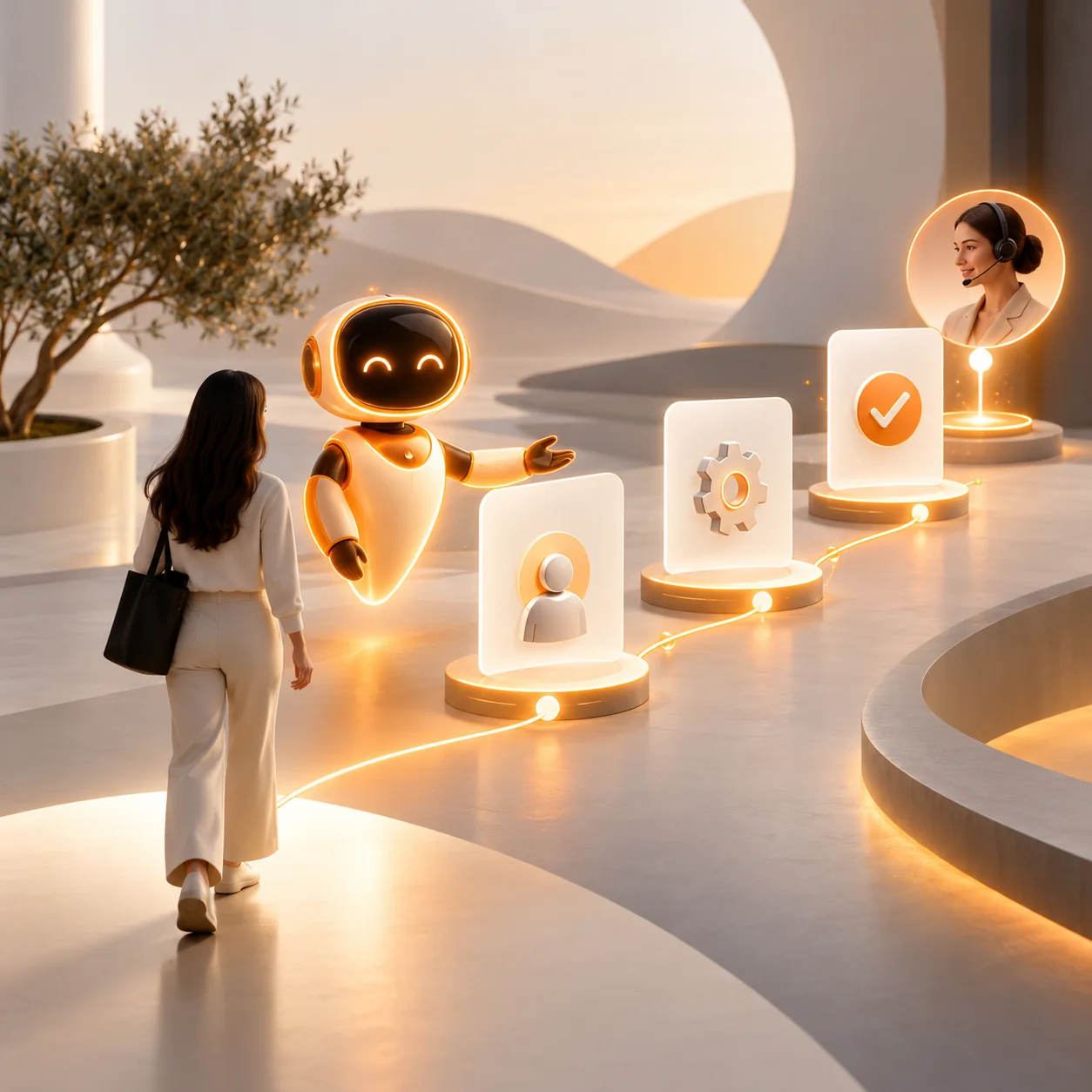 Orange AI guide leading a customer through a sequence of onboarding milestones with a human support handoff