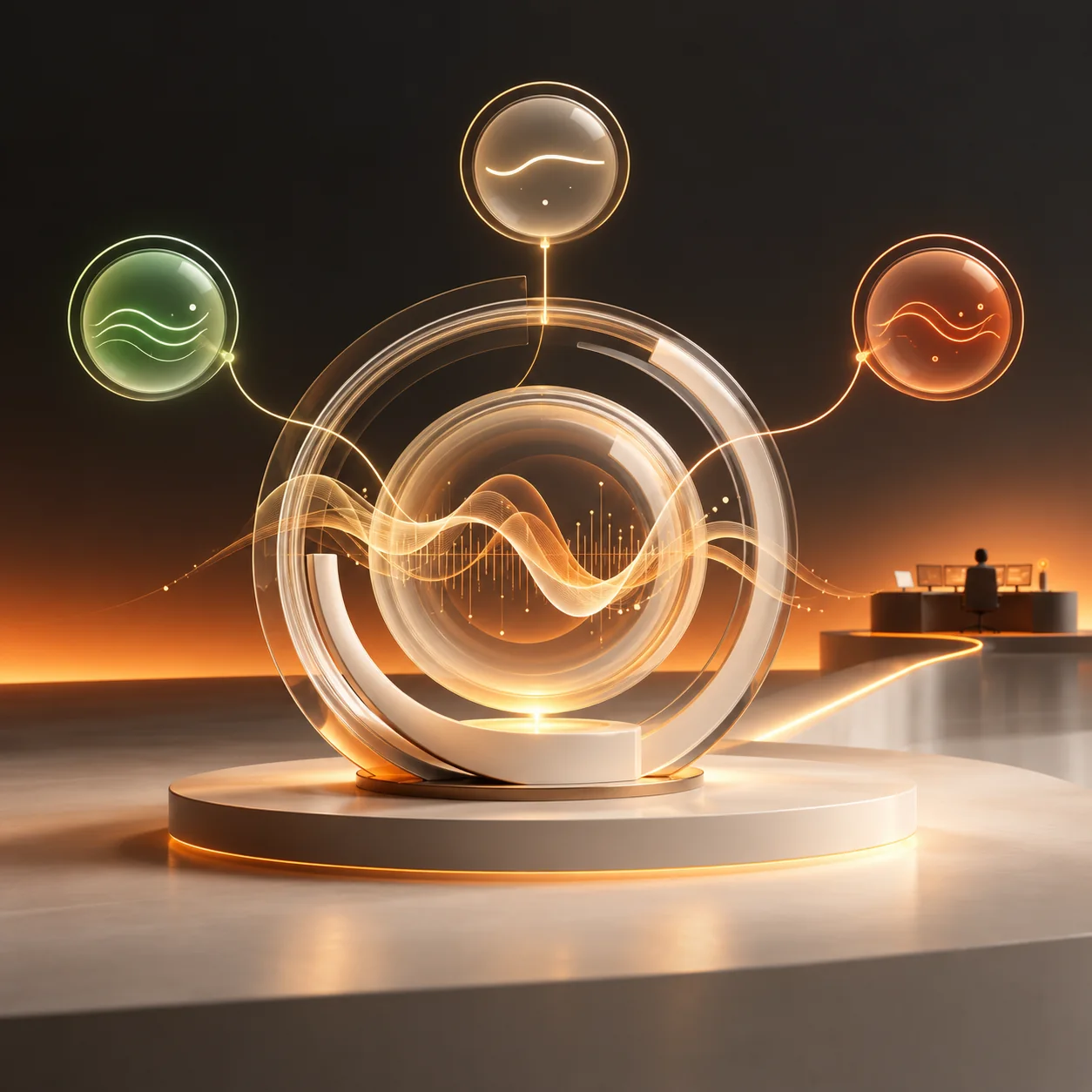 Abstract orange and graphite customer sentiment signal rings with conversation waves and a human review desk