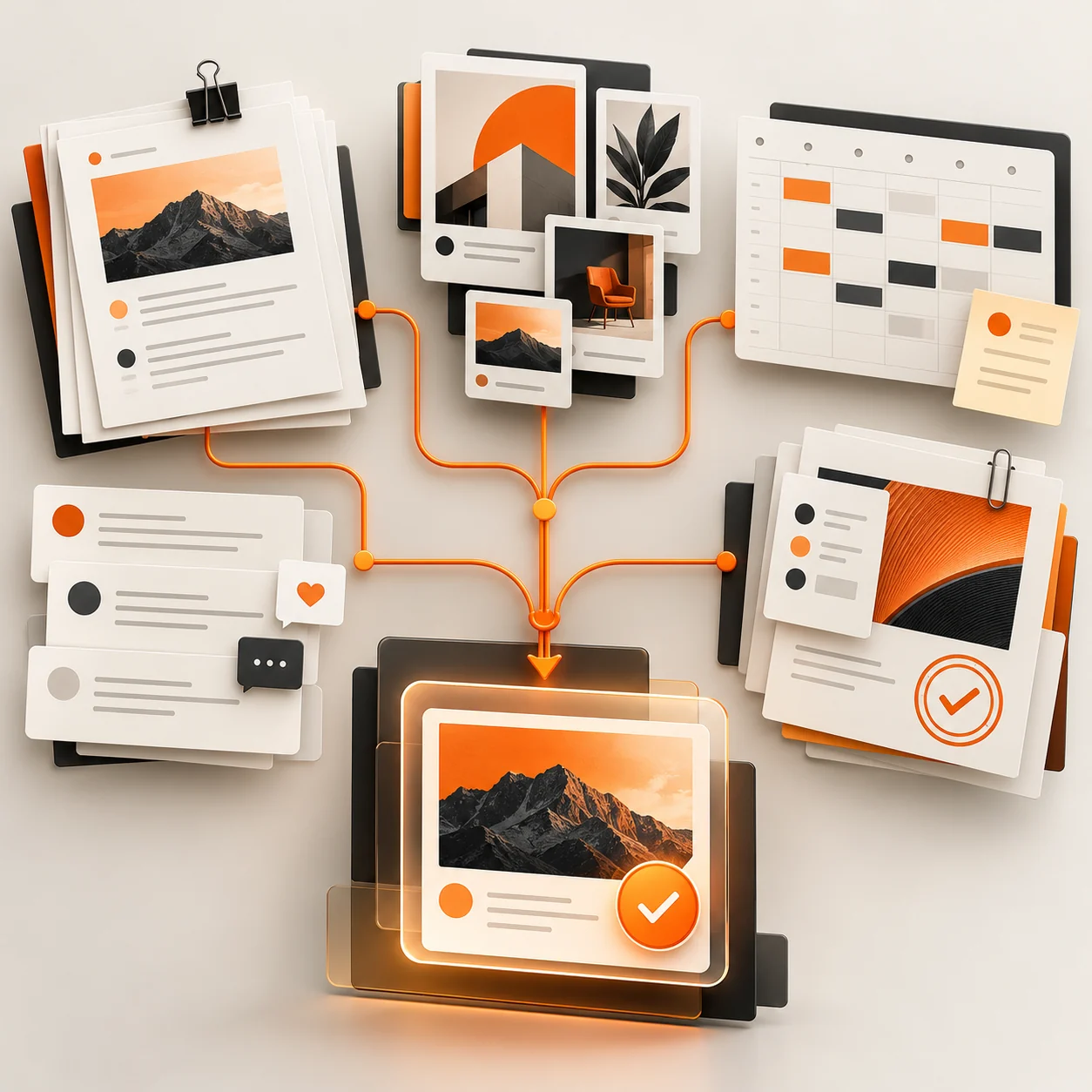 Abstract advertising agency client support board with briefs, campaign assets, approval cards, timelines, feedback, and orange routing lines