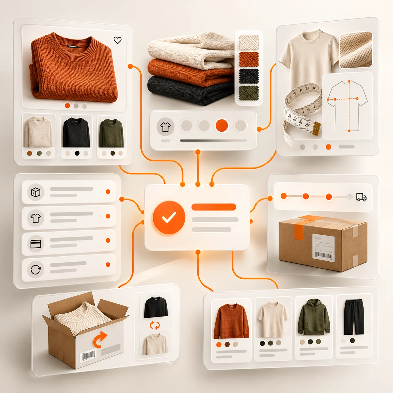 Abstract apparel customer support board with folded clothing, fabric swatches, color and size selectors, fit guide, order tracking, parcel delivery, and return workflow