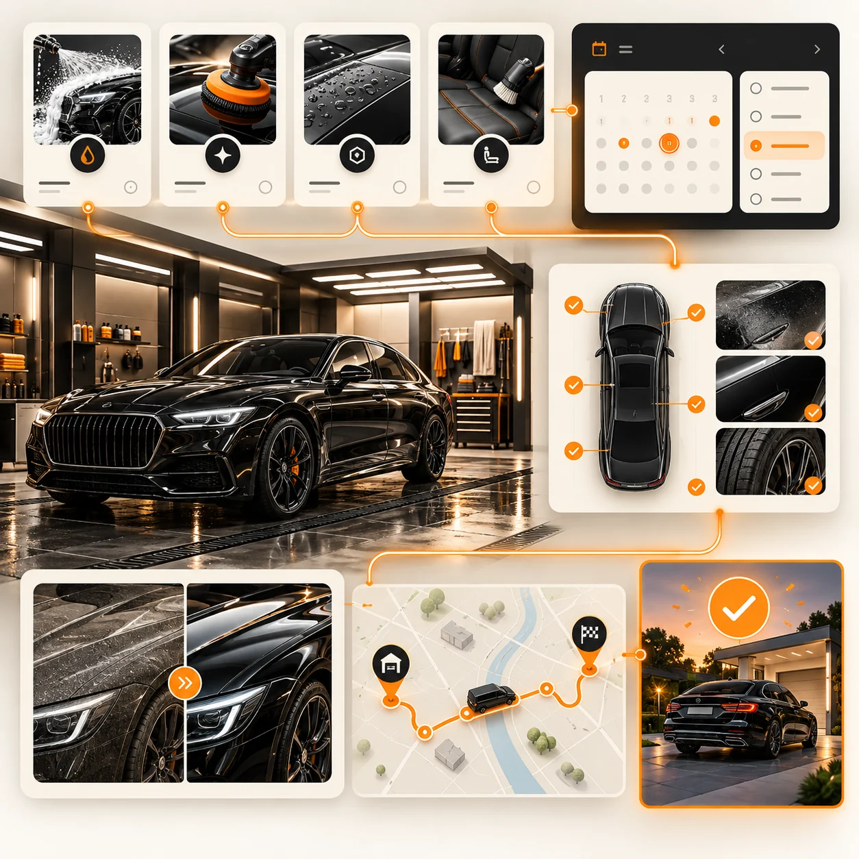 Abstract auto detailing customer support board with detailing service cards, glossy vehicle, booking calendar, vehicle condition checks, before-and-after panels, pickup route, and orange completion lines