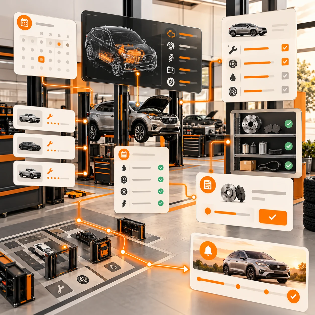 Abstract auto repair shop support board with vehicle diagnostics, repair order, service checklist, appointment calendar, parts availability, estimate approval, and orange customer-update routing lines