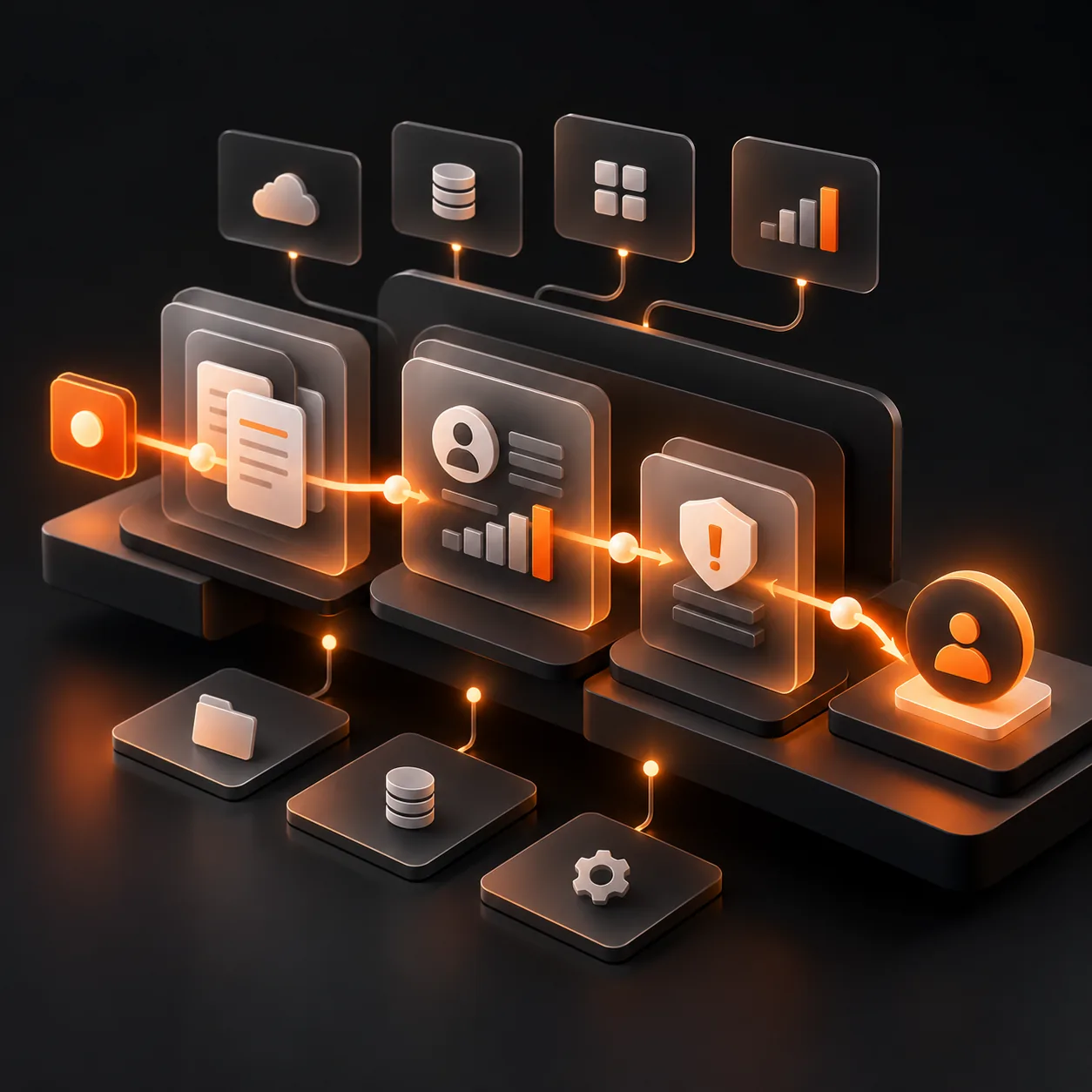 Abstract B2B software support workflow with product knowledge panels, account context, an orange case pathway, and a human escalation checkpoint