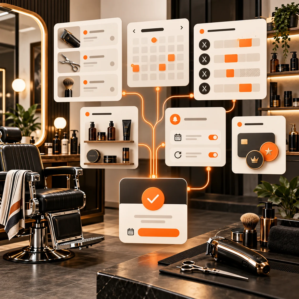 Abstract barbershop customer support board with barber chair, clippers, scissors, service cards, appointment calendar, product shelf, reminders, loyalty symbols, and orange booking routing lines