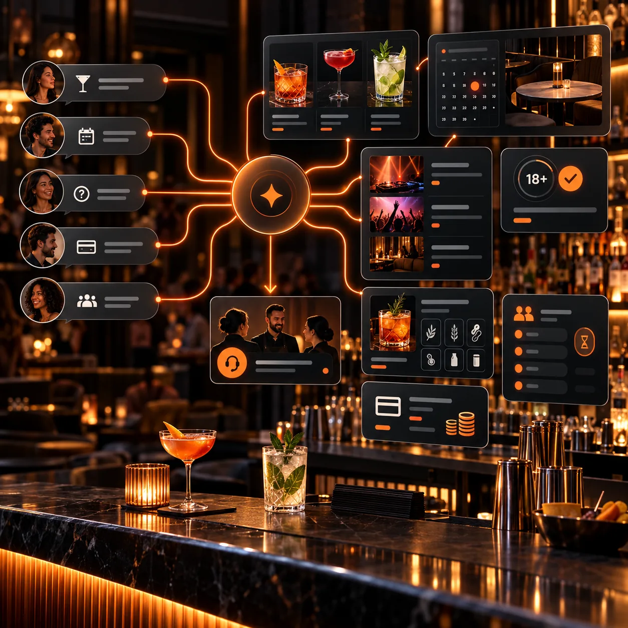 Abstract bar customer support board with cocktail menu, reservation calendar, event schedule, age verification, ingredient cards, payment support, waitlist, and orange guest-routing lines