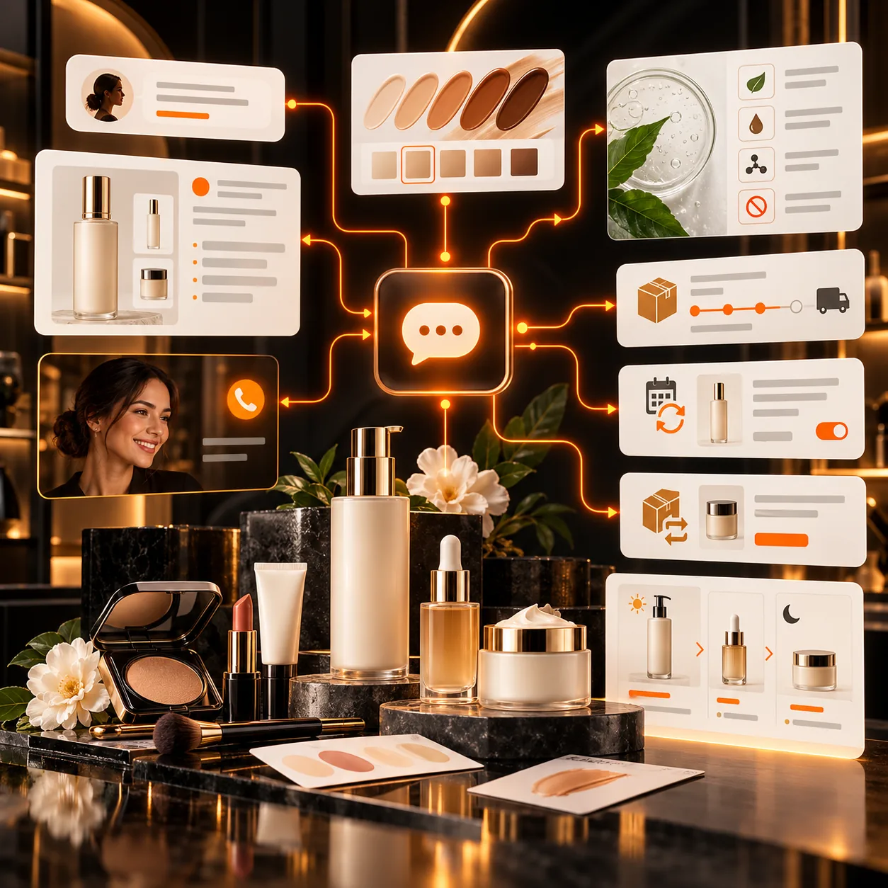 Abstract beauty brand customer support board with skincare products, shade swatches, ingredient cards, order tracking, subscription renewal, returns, routine guide, and orange routing lines