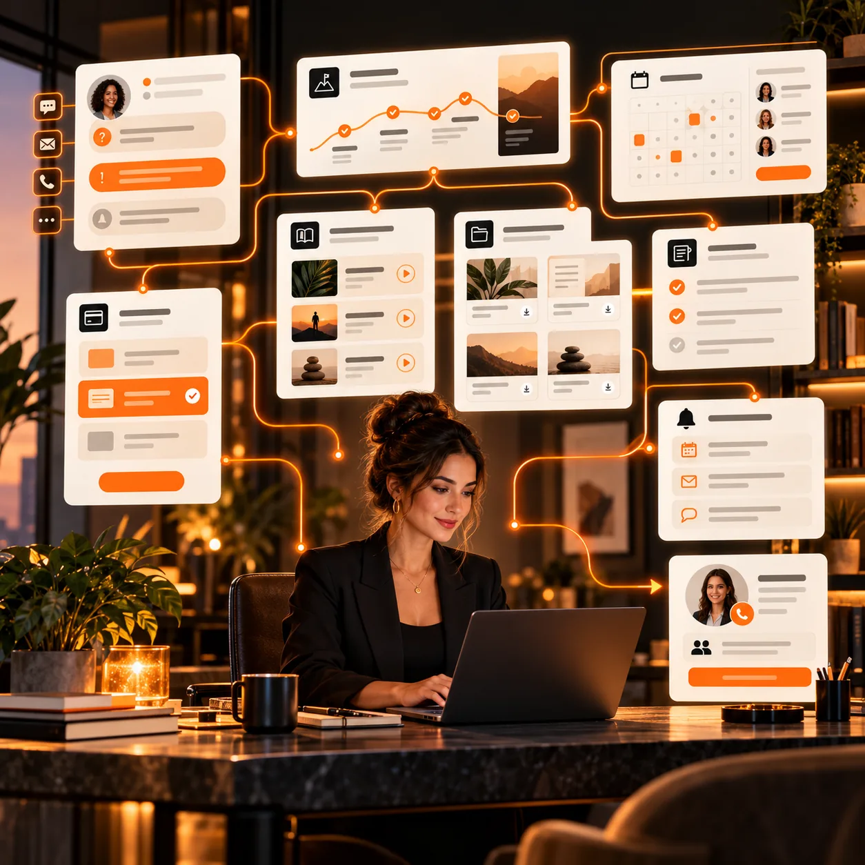 Abstract business coaching support board with client intake, goals, milestones, session calendar, resource library, payment support, reminders, and orange coach handoff lines