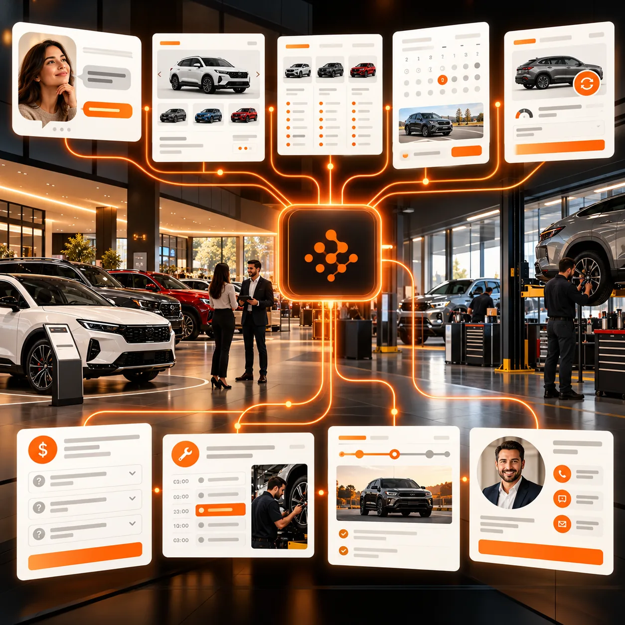 Abstract car dealership support board with vehicle inventory, trim comparison, test-drive calendar, trade-in intake, financing steps, service schedule, delivery tracking, and orange handoff lines
