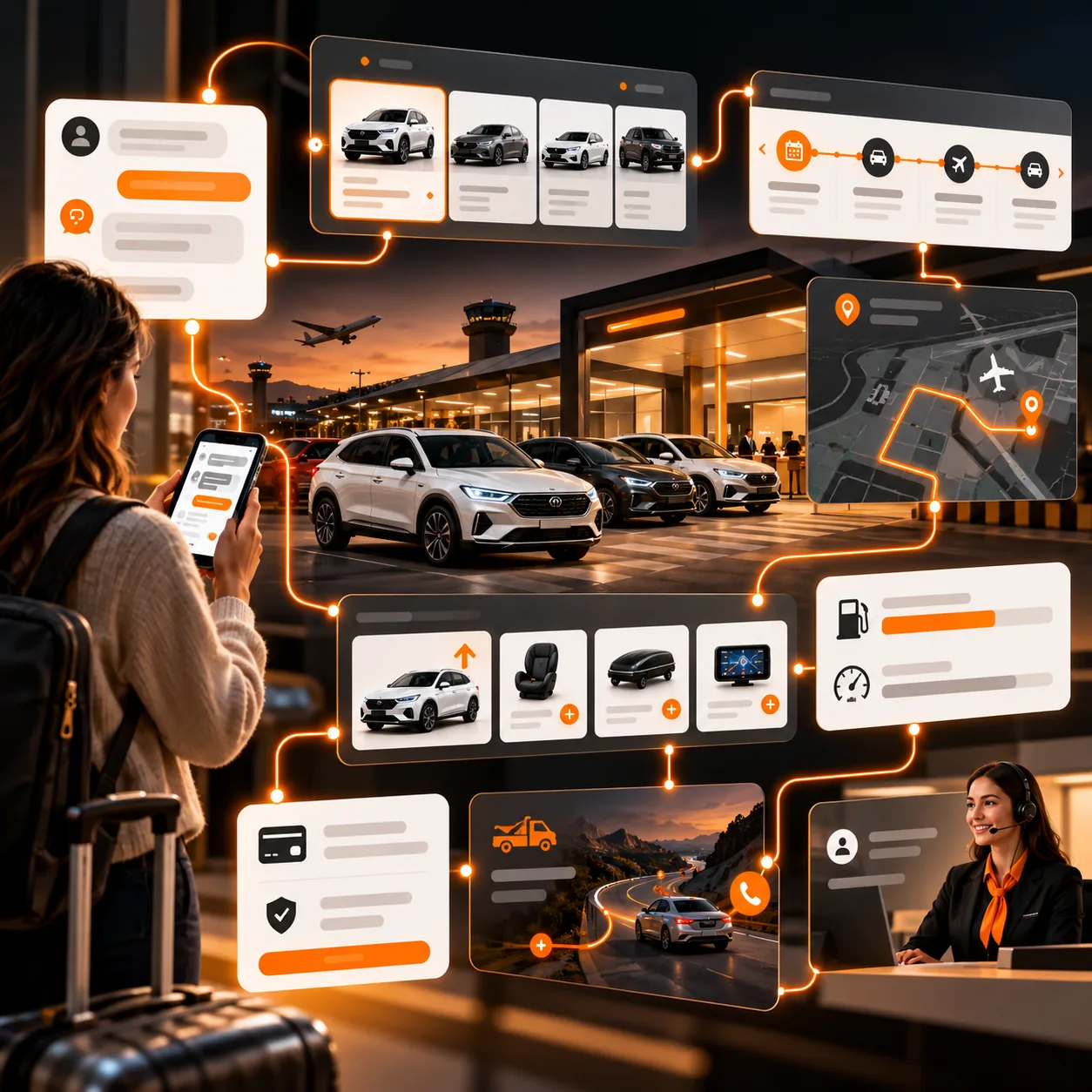 Abstract car rental support board with fleet vehicles, reservation timeline, airport pickup map, upgrades, fuel and mileage policies, payment, roadside support, and orange routing lines