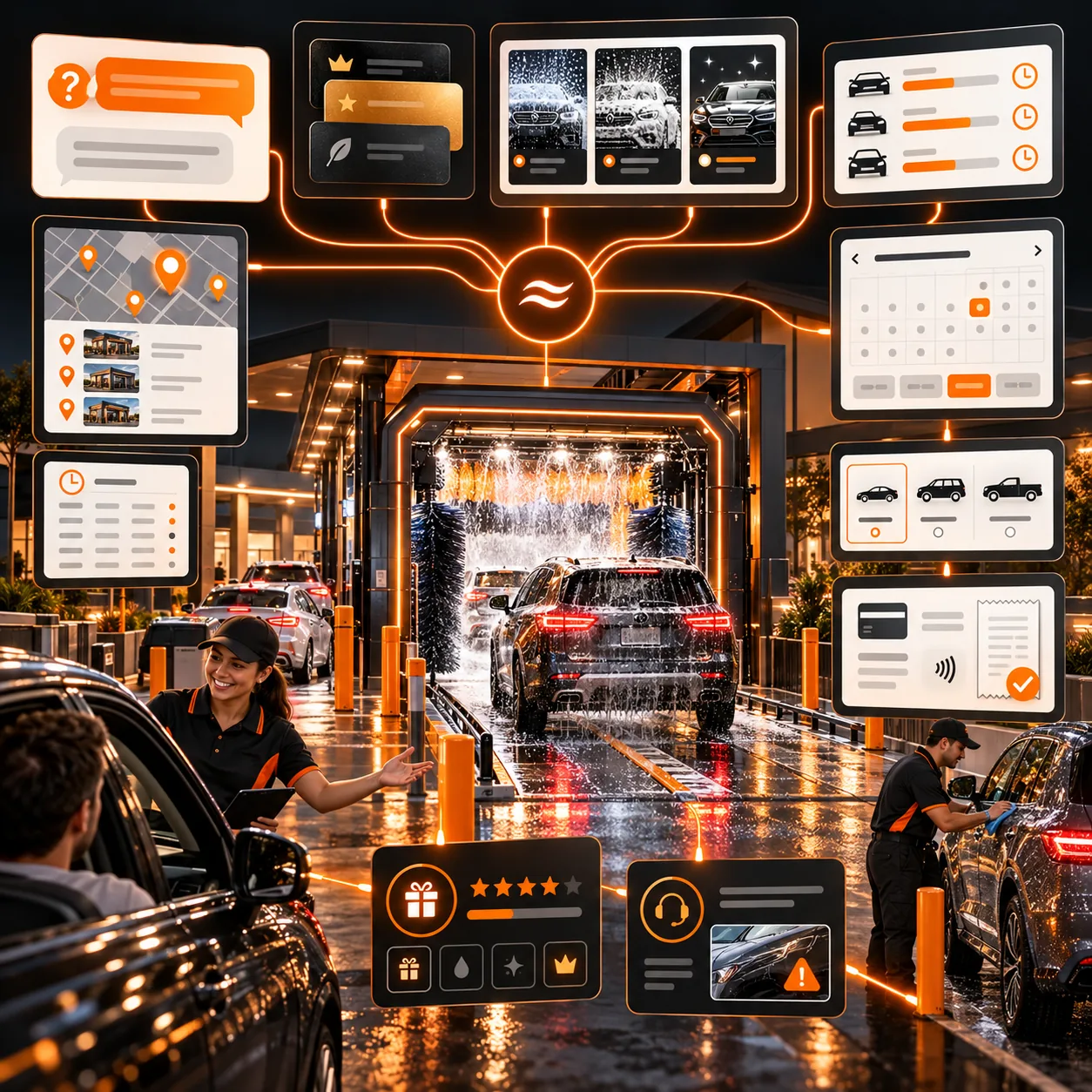 Abstract car wash customer support board with wash packages, membership cards, site locations, queue times, appointment calendar, payment, loyalty rewards, rewash support, and orange routing lines