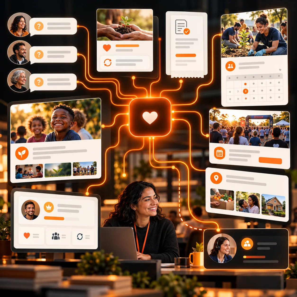Abstract charity customer support board with donor questions, donation and recurring-gift cards, tax receipt, volunteer calendar, programs, community resources, events, and orange handoff lines