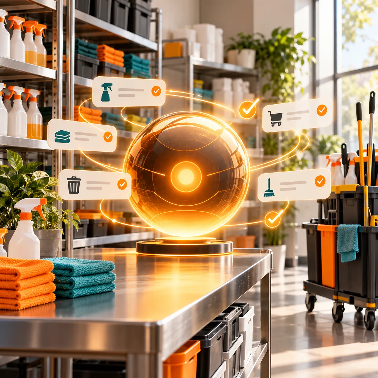 AI customer support agent for cleaning companies in a professional cleaning supply room