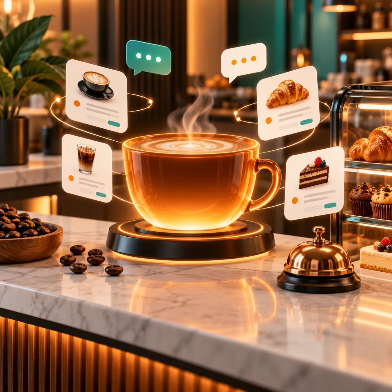 AI customer support agent for coffee shops on a warm café counter with menu and order guidance