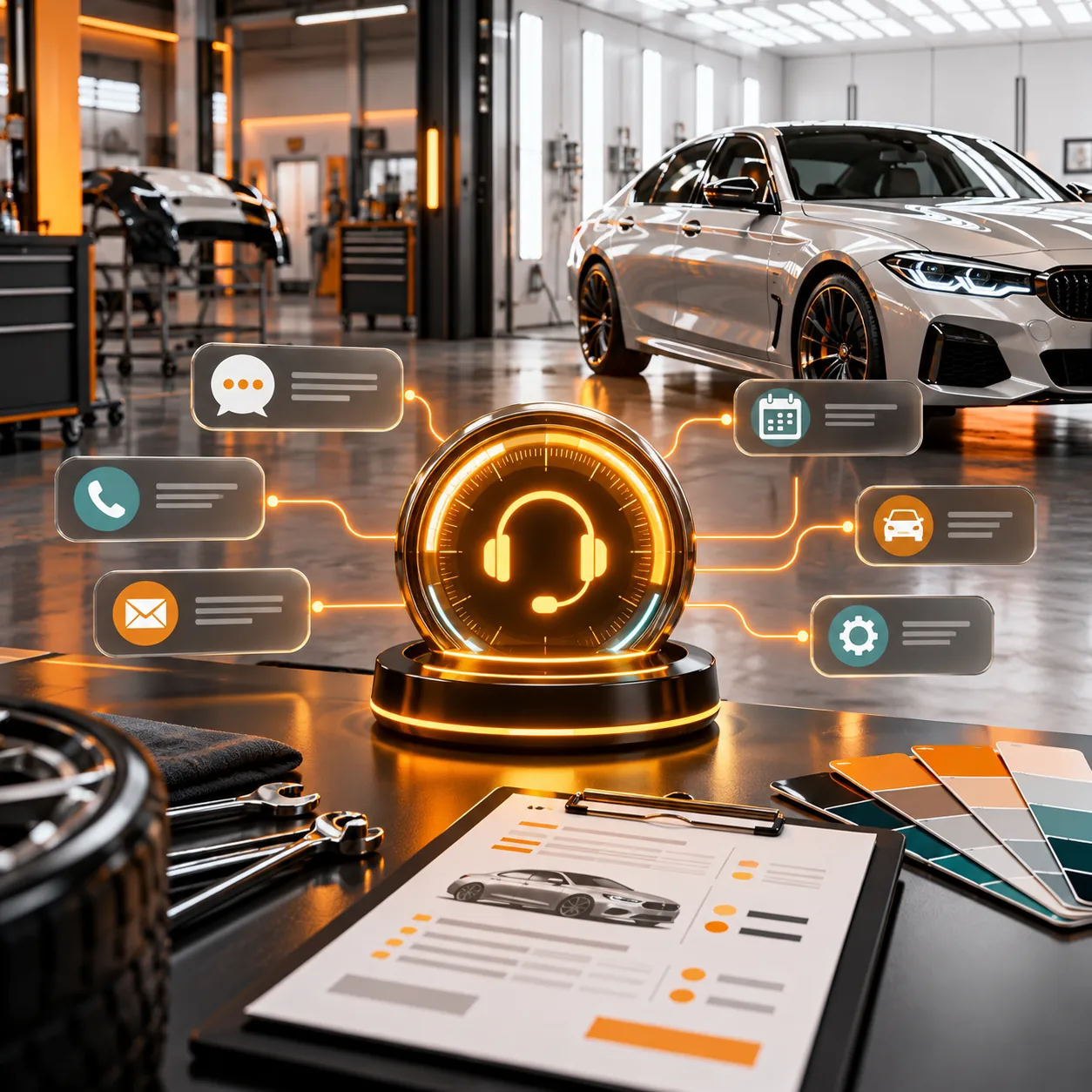 AI customer support agent for collision repair shops in a modern collision repair bay