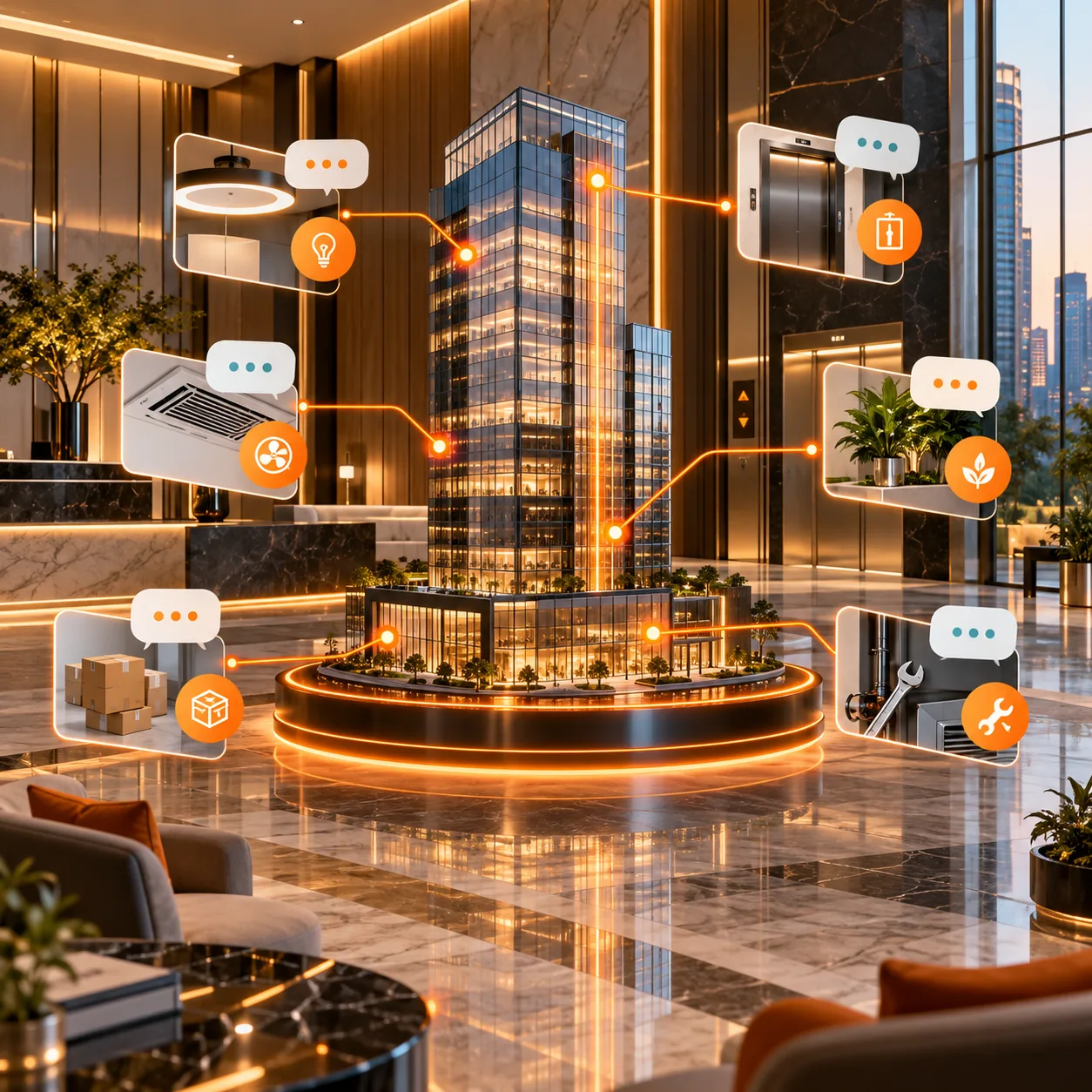 AI customer support agent for commercial landlords in a modern commercial office lobby