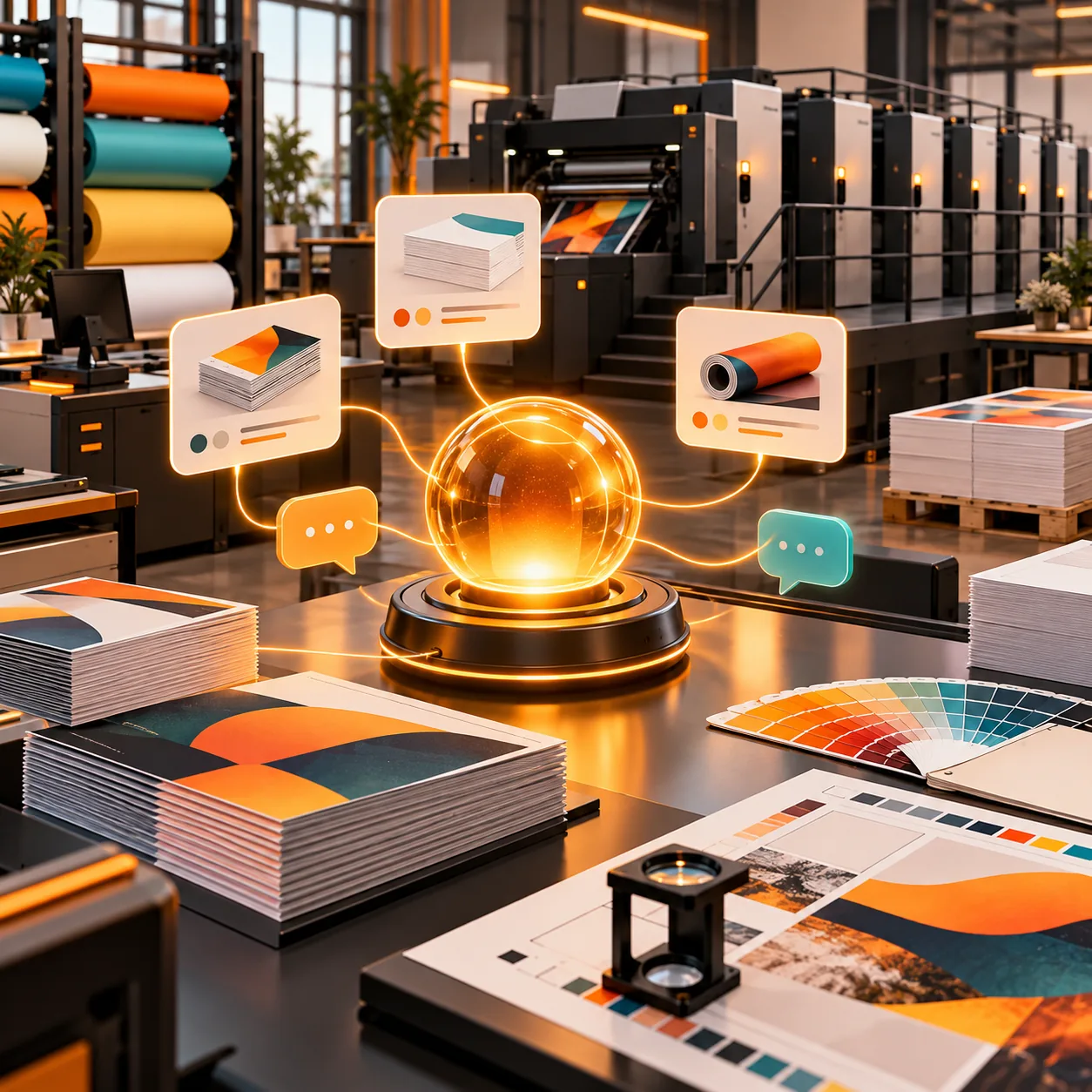 AI customer support agent for commercial printers in a modern commercial print studio