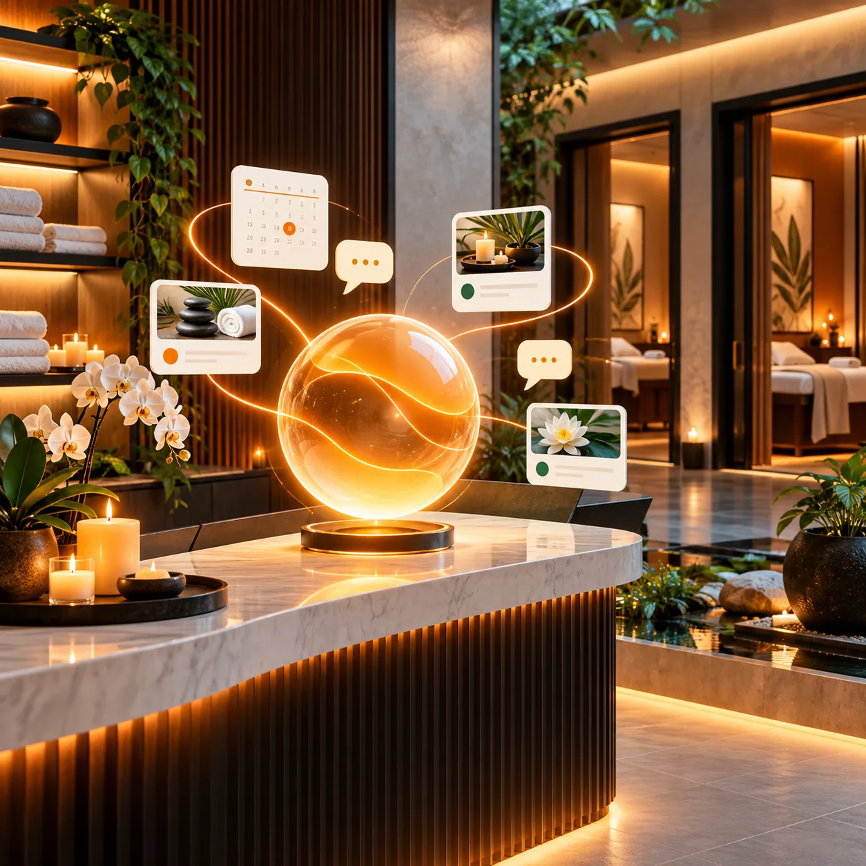 AI customer support agent for day spas in a serene modern spa reception