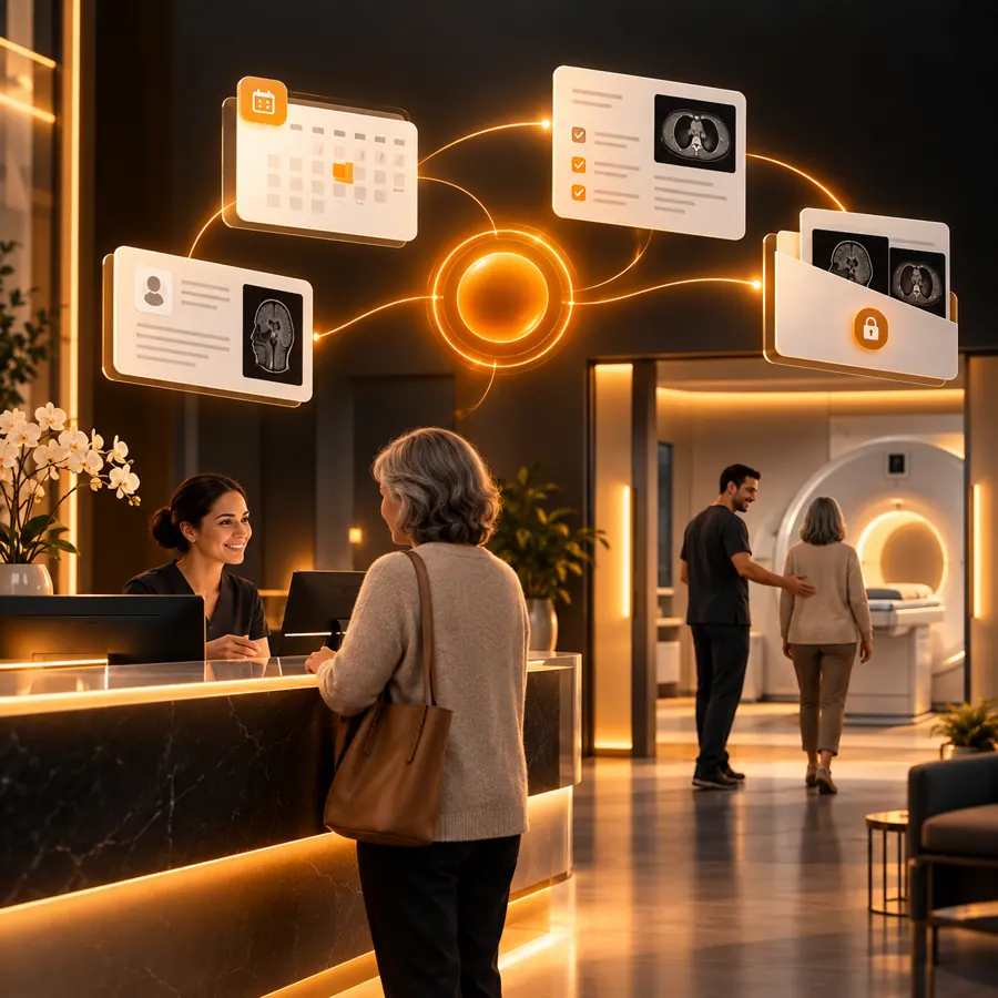 Diagnostic imaging reception with appointment, referral, preparation, and secure results cards around an orange coordination hub