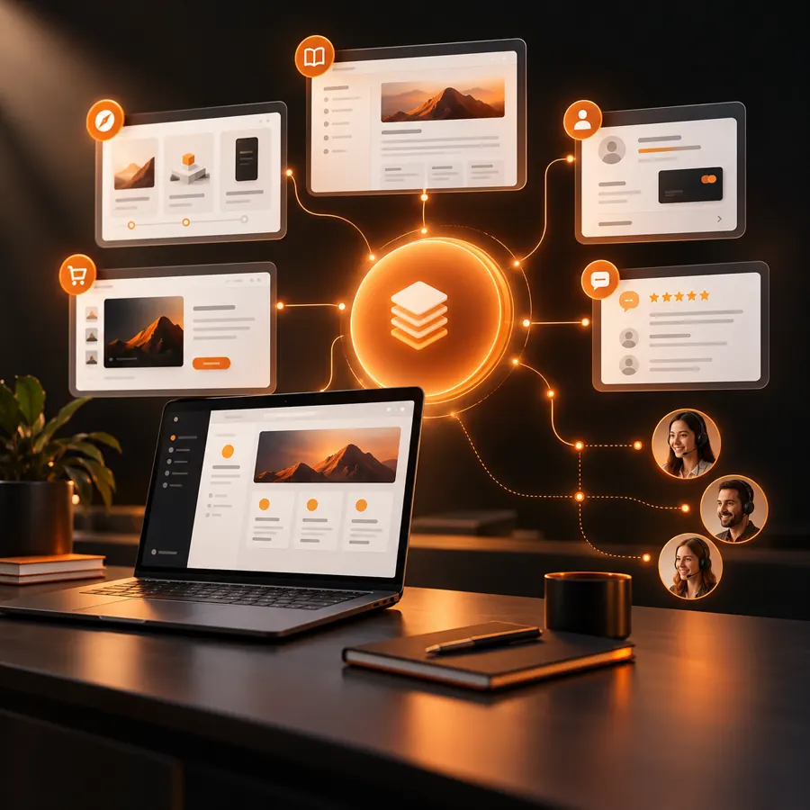 Digital product support workspace with onboarding, documentation, account and subscription cards around an orange coordination hub