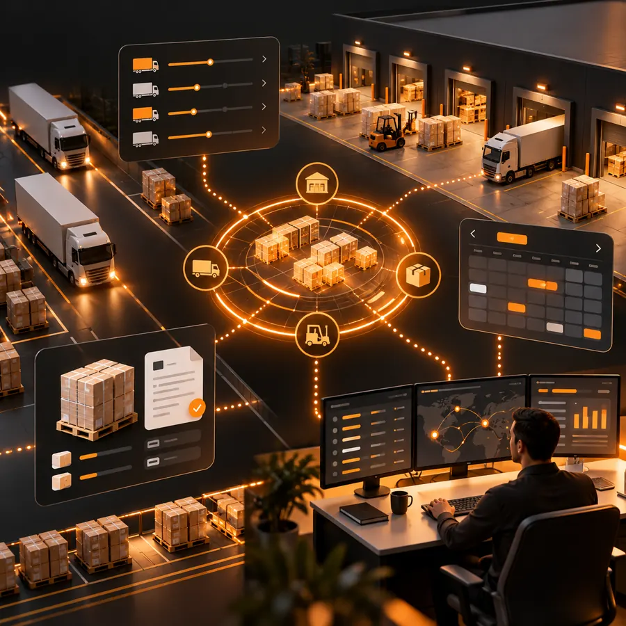 Distribution center operations with shipment tracking, dock, receiving, and exception cards around an orange logistics hub