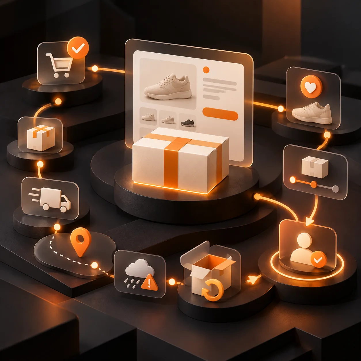 Abstract DTC customer support journey with a product package, storefront card, order and delivery milestones, return flow, and human review checkpoint