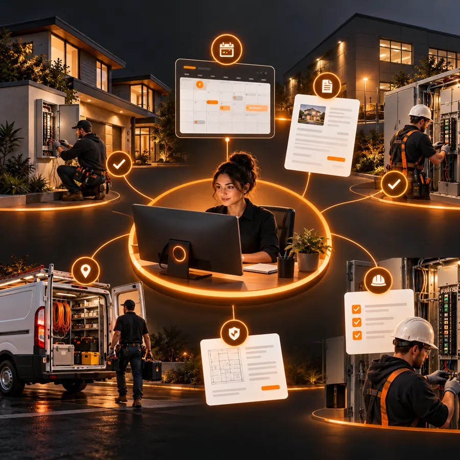 Electrical service coordination scene with technicians, service vans, schedules, permits, and safety cards around an orange operations hub