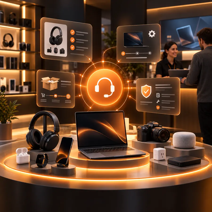 Electronics retail support workspace with product, compatibility, setup, order, and warranty cards around an orange support hub