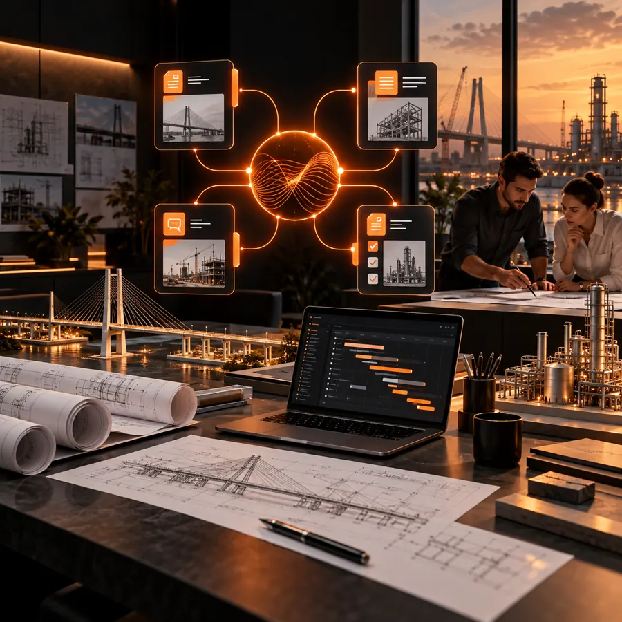 Engineering project studio with technical drawings, project documents, infrastructure models, and an orange support hub