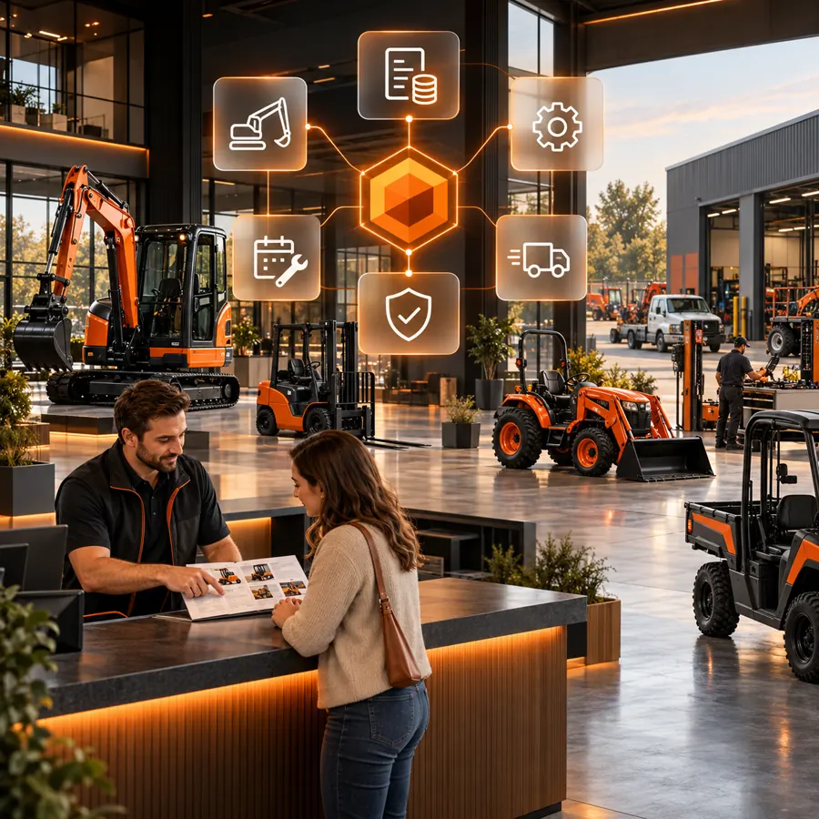 Equipment dealership showroom with excavators, forklifts, tractors, service, delivery, and an orange support hub
